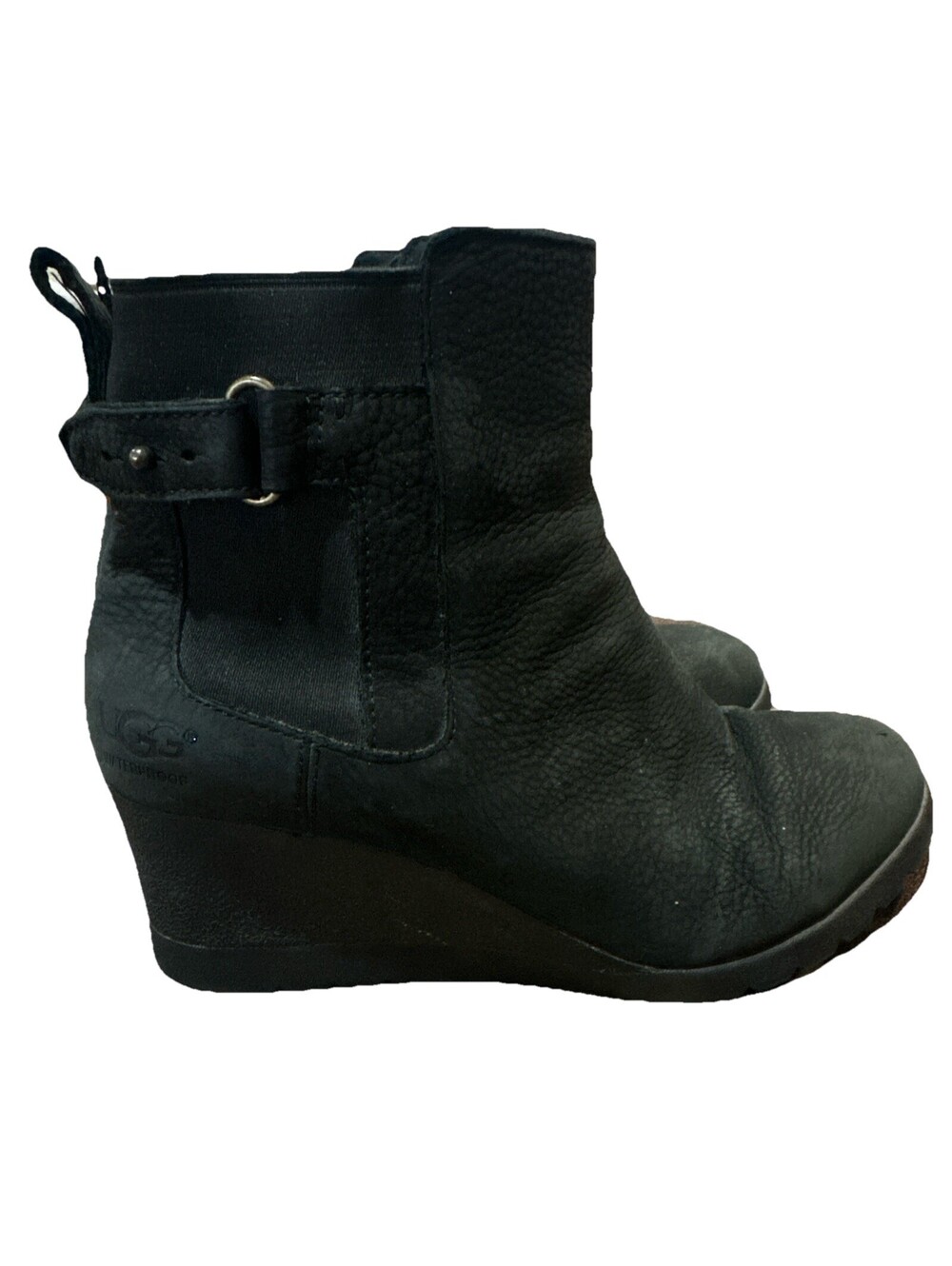 UGG Australia Black Leather Wedge Ankle Boots Women’s Size 7 Chelsea Slip On